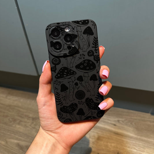 Black Mushroom Doodle Print Phone Case for iPhone 17 16 15 14 13 12 11 11 Pro Max Mini 7 8 XR XS X Shockproof Phone Cover Customised Name