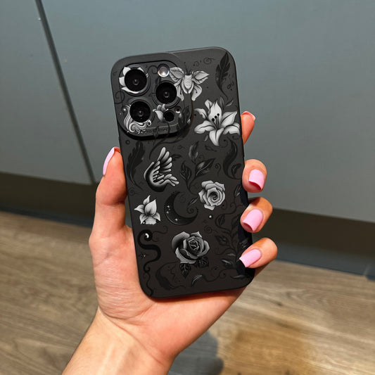 Gothic Feather Rose Print Phone Case for iPhone 17 16 15 14 13 12 11 11 Pro Max Mini 7 8 XR XS X Shockproof Phone Cover with Customised Name