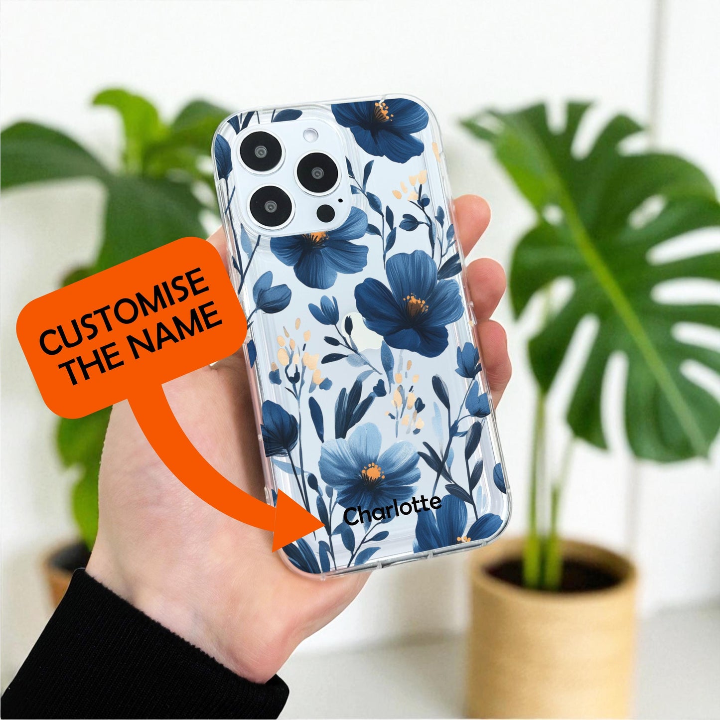 Blue Flower Floral Clear Phone Case for iPhone 17 16 15 14 13 12 11 11 Pro Max Mini 7 8 XR XS X Wallet Shockproof Phone Cover Custom Name