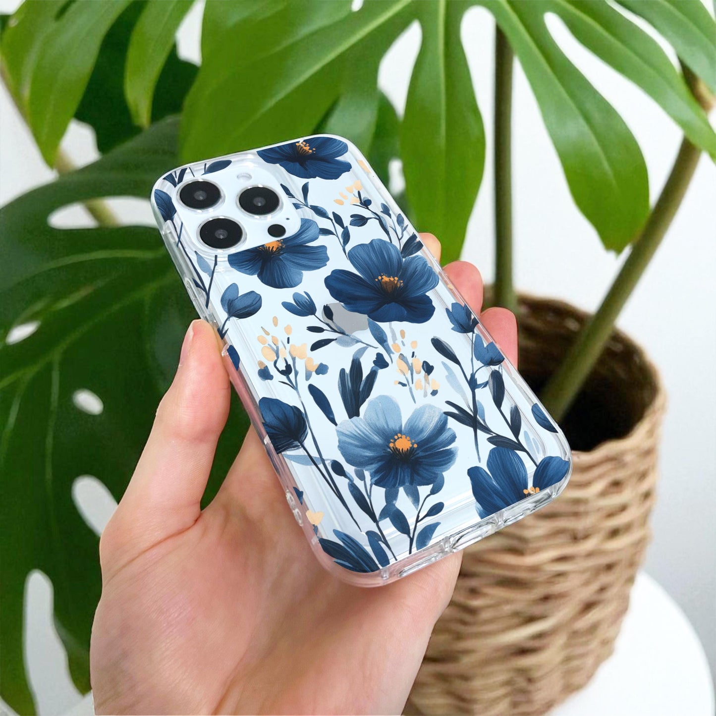 Blue Flower Floral Clear Phone Case for iPhone 17 16 15 14 13 12 11 11 Pro Max Mini 7 8 XR XS X Wallet Shockproof Phone Cover Custom Name