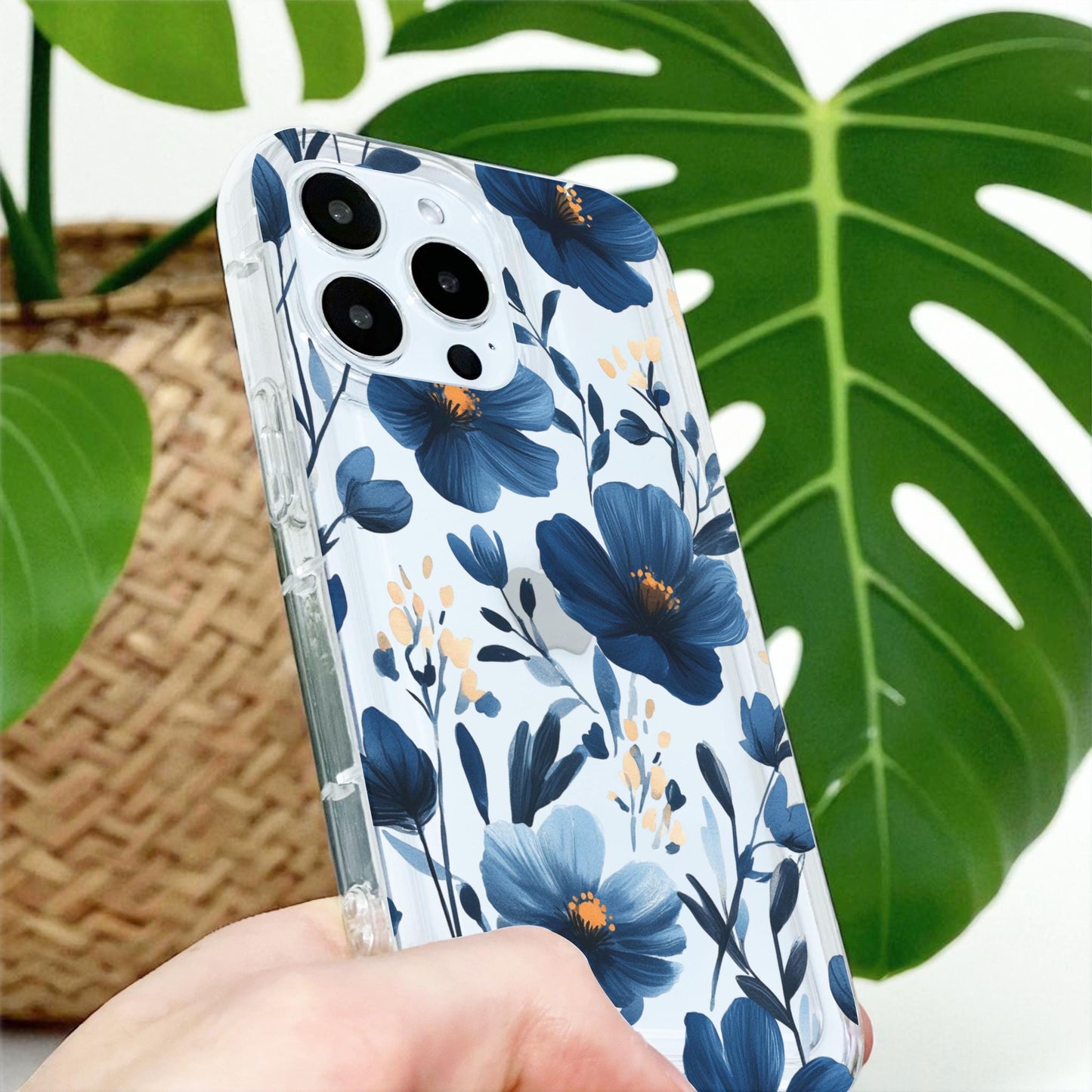 Blue Flower Floral Clear Phone Case for iPhone 17 16 15 14 13 12 11 11 Pro Max Mini 7 8 XR XS X Wallet Shockproof Phone Cover Custom Name