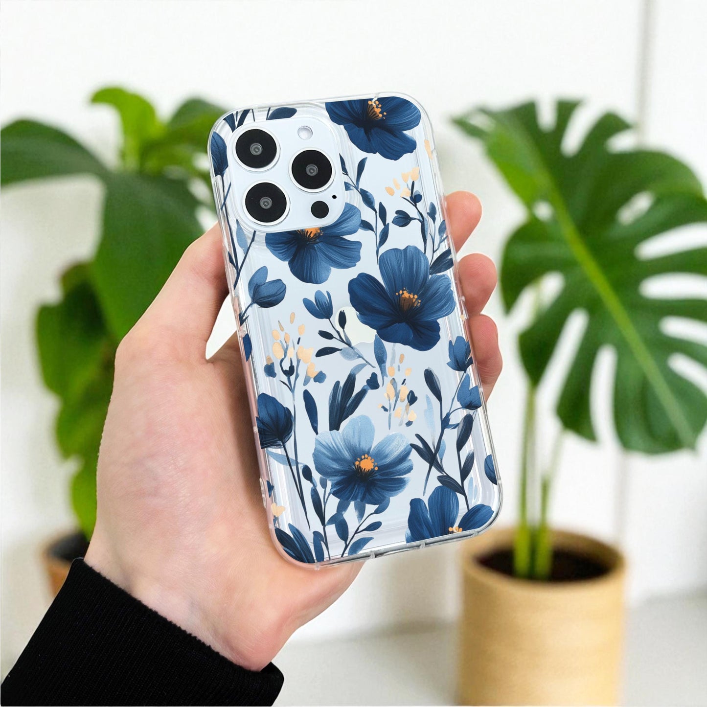Blue Flower Floral Clear Phone Case for iPhone 17 16 15 14 13 12 11 11 Pro Max Mini 7 8 XR XS X Wallet Shockproof Phone Cover Custom Name