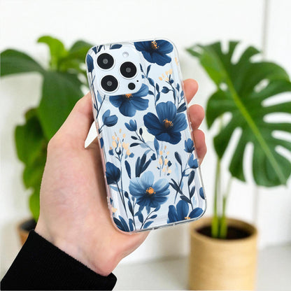 Blue Flower Floral Clear Phone Case for iPhone 17 16 15 14 13 12 11 11 Pro Max Mini 7 8 XR XS X Wallet Shockproof Phone Cover Custom Name