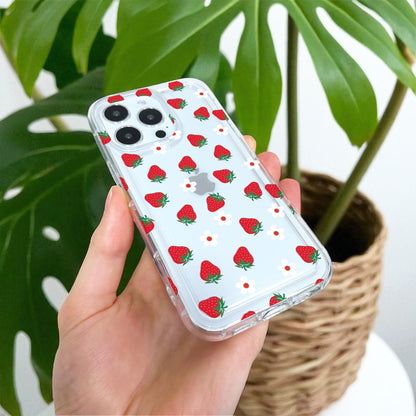 Strawberry Pattern Clear Phone Case for iPhone 17 16 15 14 13 12 11 11 Pro Max Mini 7 8 XR XS X Shockproof Silicone Phone Cover Custom Name