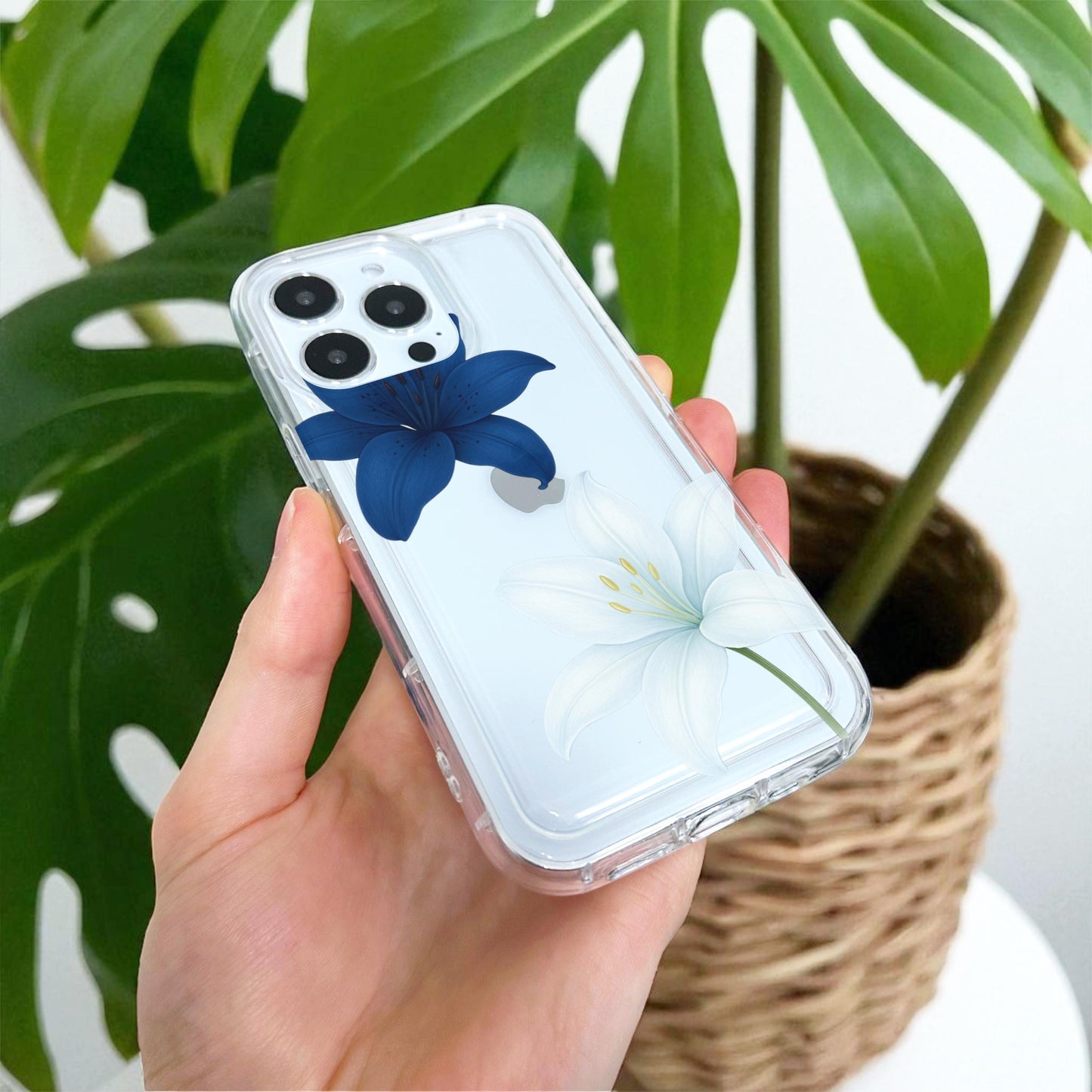 Floral Blue Lily Flower Pattern Clear Phone Case for iPhone 17 16 15 14 13 12 11 11 Pro Max Mini 7 8 XR XS X Shockproof Cover
