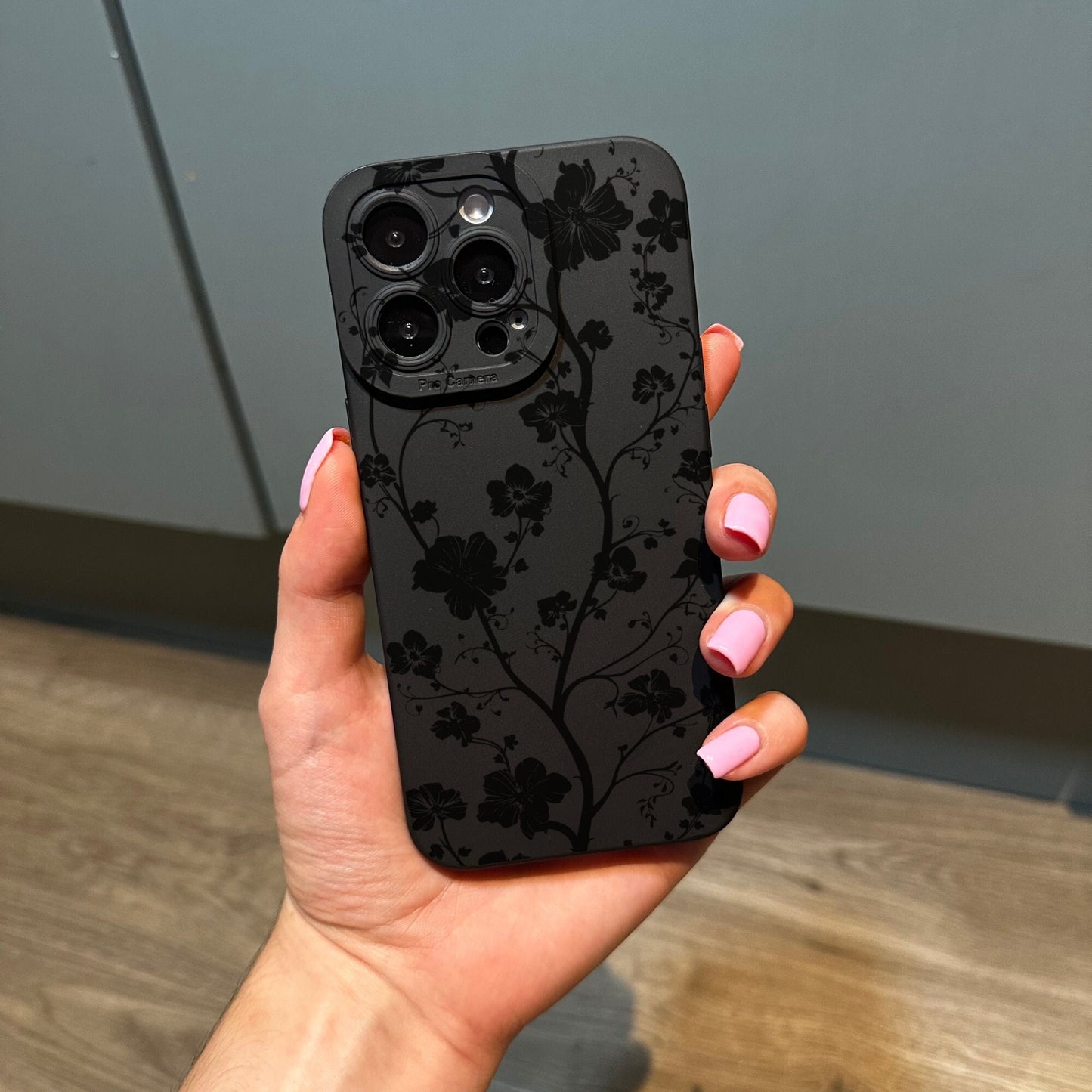 Black Floral Print Flower Phone Case for iPhone 17 16 15 14 13 12 11 11 Pro Max Mini 7 8 XR XS X Shockproof Phone Cover with Customised Name