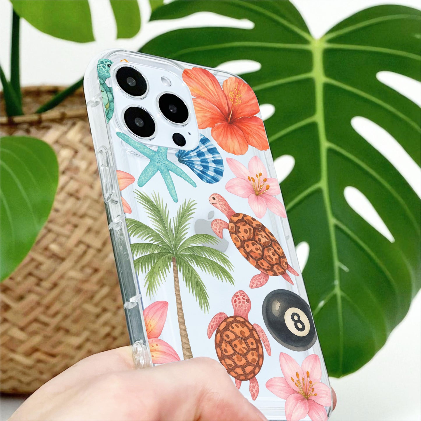 Summer Turtle Shell Hibiscus Flower Clear Phone Case for iPhone 17 16 15 14 13 12 11 11 Pro Max Mini 7 8 XR X Shockproof Cover Custom Name