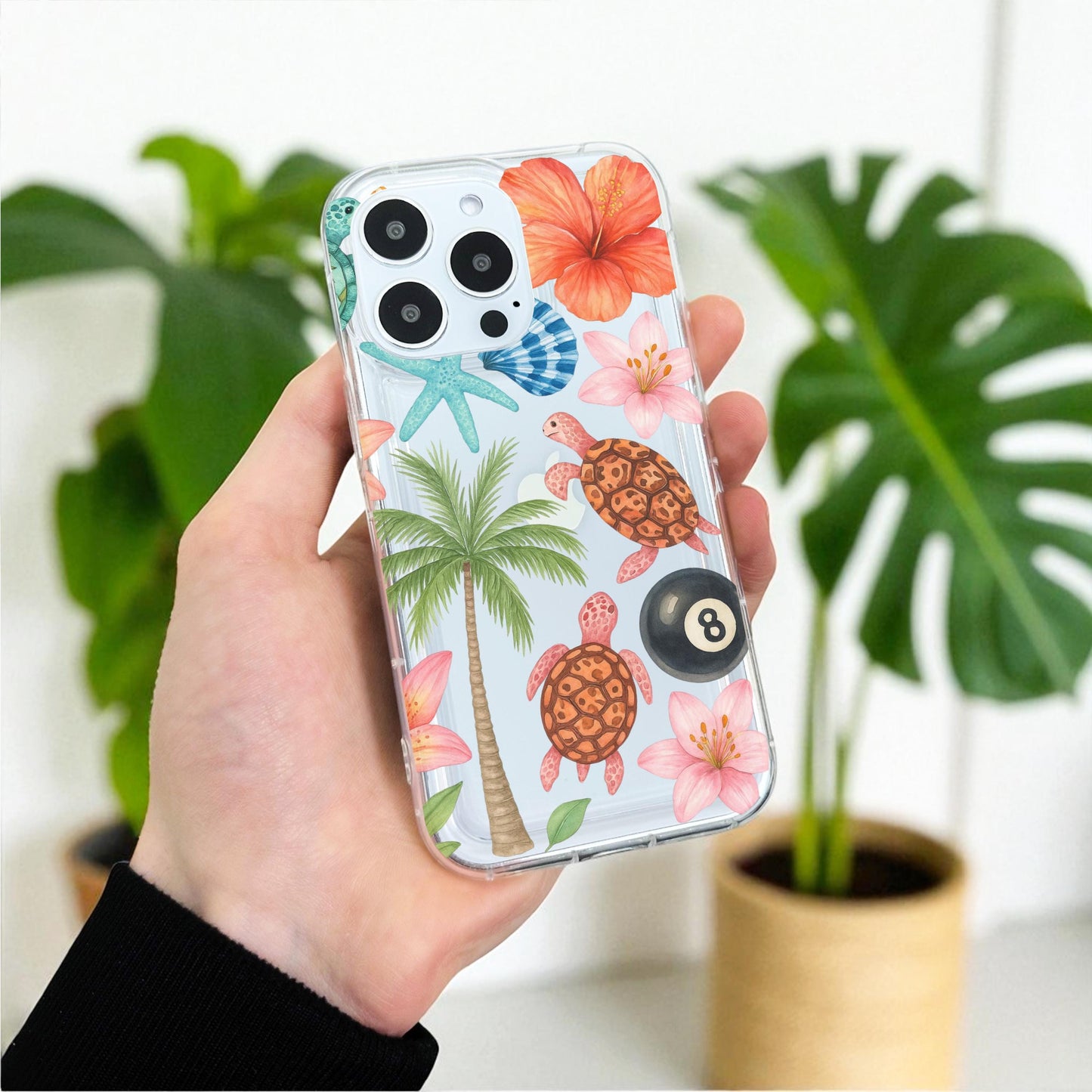 Summer Turtle Shell Hibiscus Flower Clear Phone Case for iPhone 17 16 15 14 13 12 11 11 Pro Max Mini 7 8 XR X Shockproof Cover Custom Name
