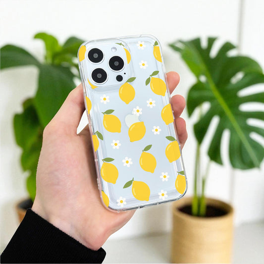 Daisy Flower Lemon Fruit Pattern Clear Phone Case for iPhone 17 16 15 14 13 12 11 11 Pro Max Mini 7 8 XR XS X Shockproof Cover Custom Name