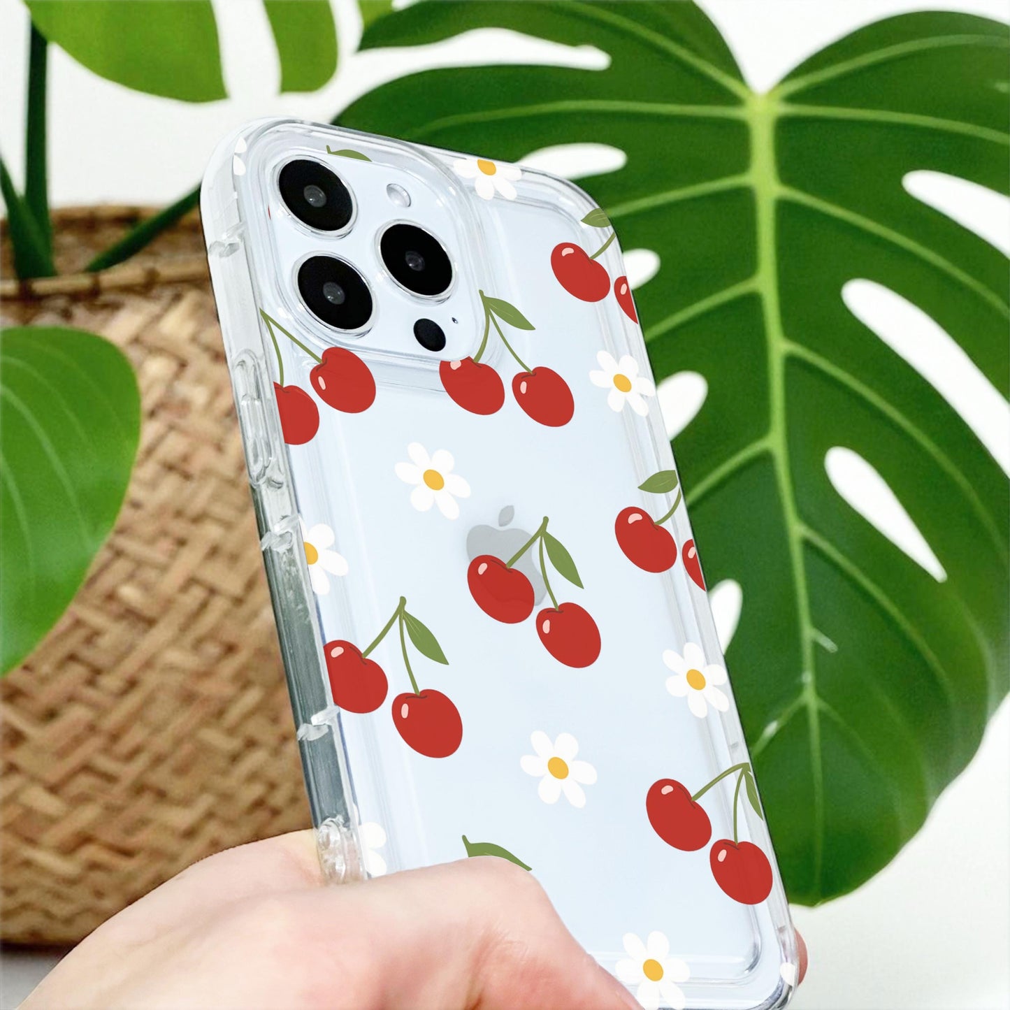 Daisy Cherry Fruit Flower Pattern Clear Phone Case for iPhone 17 16 15 14 13 12 11 11 Pro Max Mini 7 8 XR XS X Shockproof Cover Custom Name