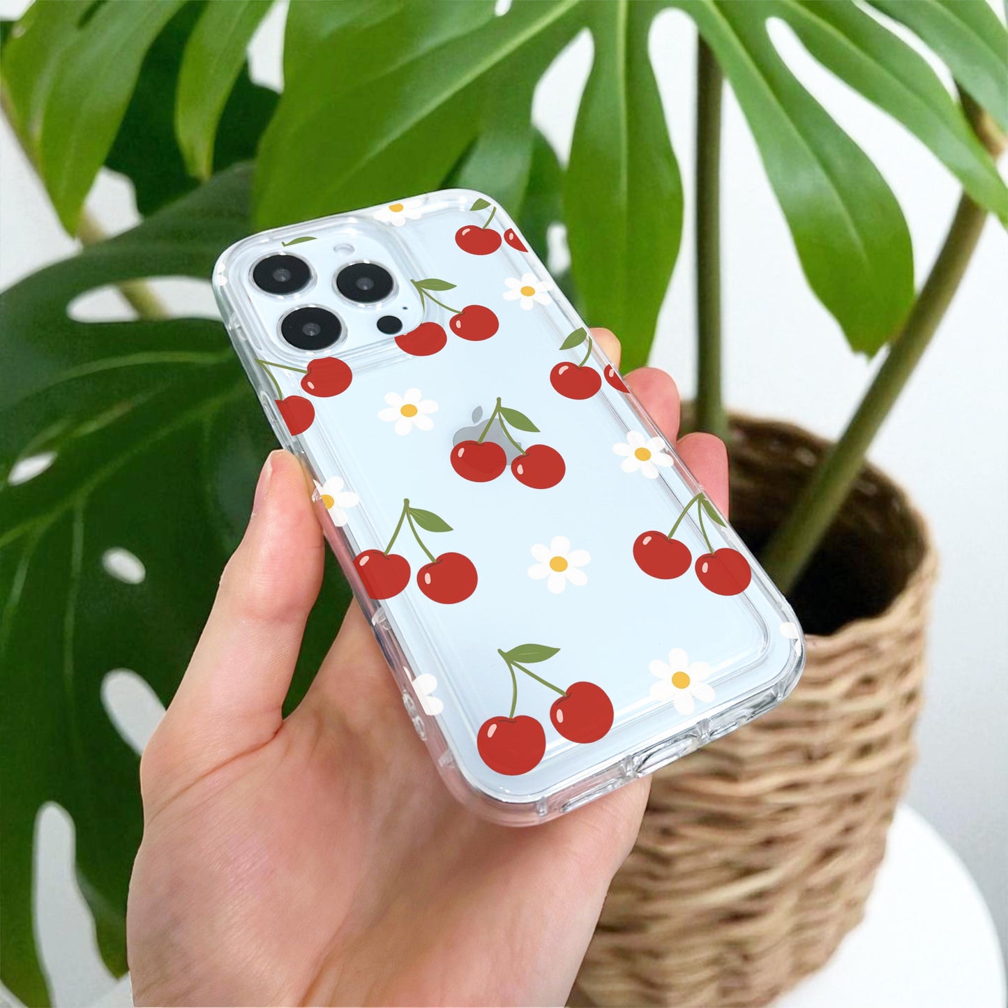 Daisy Cherry Fruit Flower Pattern Clear Phone Case for iPhone 17 16 15 14 13 12 11 11 Pro Max Mini 7 8 XR XS X Shockproof Cover Custom Name