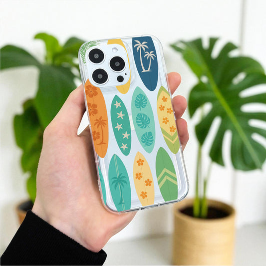 Surfboard Beach Summer Clear Phone Case for iPhone 17 16 15 14 13 12 11 11 Pro Max Mini 7 8 XR XS X Shockproof Phone Cover with Custom Name