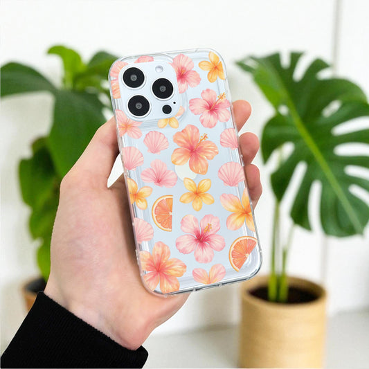 Hibiscus Flower Seashell Citrus Fruit Clear Phone Case for iPhone 17 16 15 14 13 12 11 11 Pro Max Mini 7 8 XR XS X Wallet Shockproof Cover