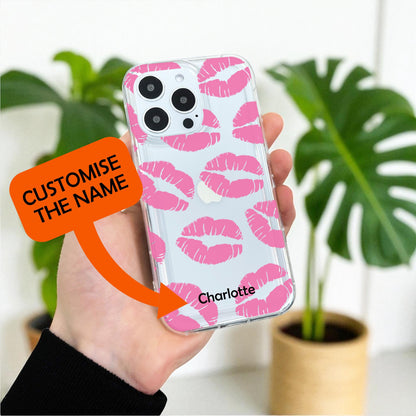 Pink Lips Kiss Phone Case for iPhone 17 16 15 14 13 12 11 11 Pro Max Mini 7 8 XR XS X Shockproof Silicone Phone Cover With Personalised Name