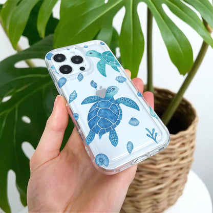 Blue Turtle Pattern Clear Phone Case for iPhone 17 16 15 14 13 12 11 11 Pro Max Mini 7 8 XR XS X Shockproof Cover Custom Name