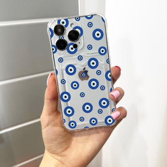 Clear Evil Eye Card Holder Phone Case for iPhone 17 16 15 14 13 12 11 11 Pro Max Mini 7 8 XR XS X Wallet Shockproof Phone Cover Custom Name