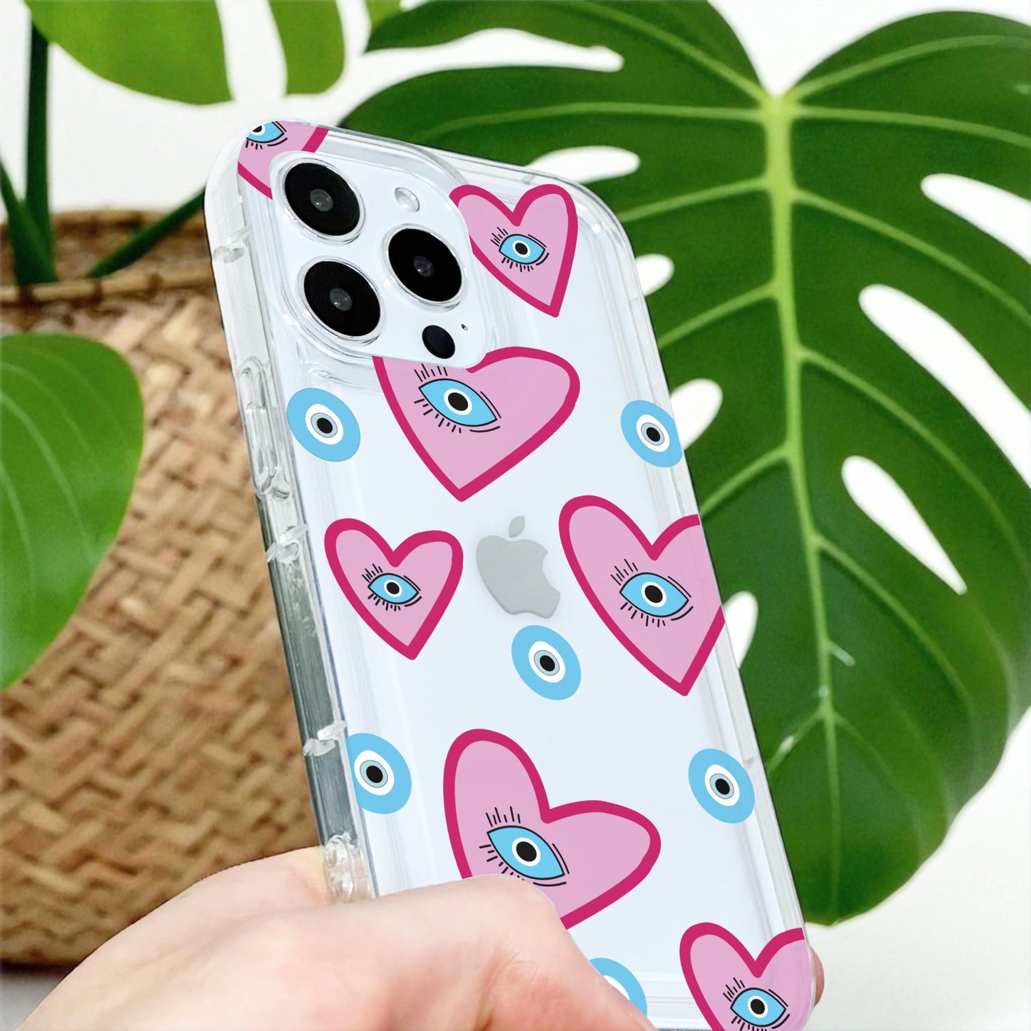 Heart Evil Eye Pattern Clear Phone Case for iPhone 17 16 15 14 13 12 11 11 Pro Max Mini 7 8 XR XS X Shockproof Silicone Cover Custom Name