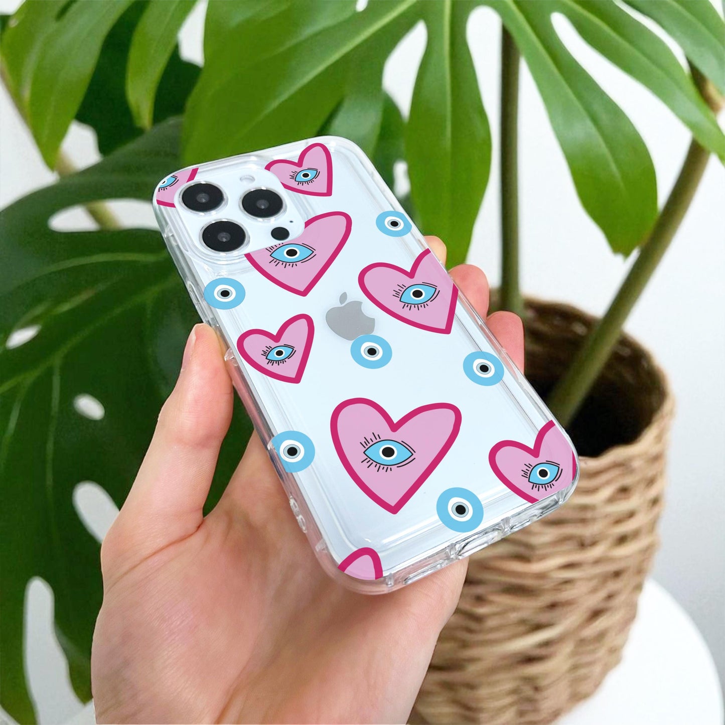 Heart Evil Eye Pattern Clear Phone Case for iPhone 17 16 15 14 13 12 11 11 Pro Max Mini 7 8 XR XS X Shockproof Silicone Cover Custom Name