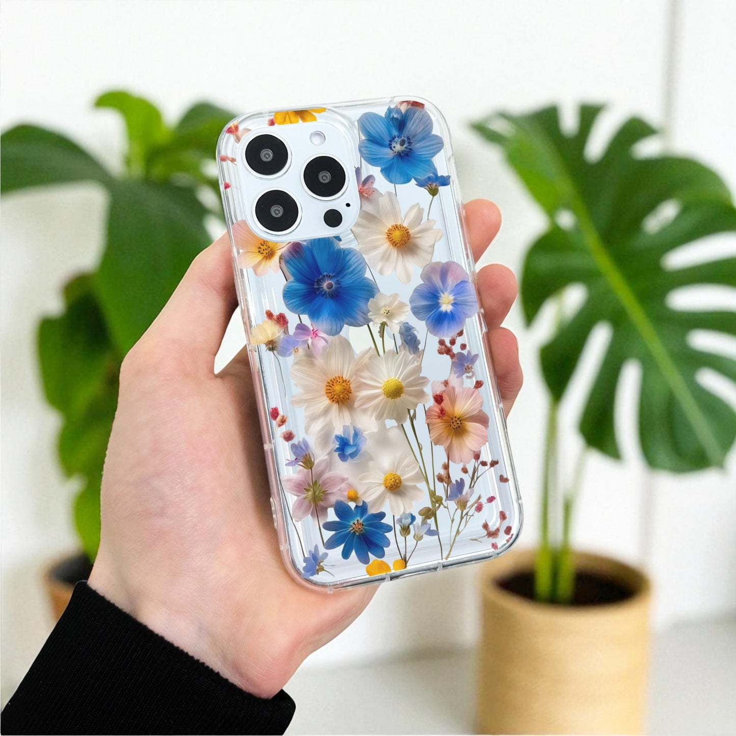 Pressed Flower Print Clear Phone Case for iPhone 17 16 15 14 13 12 11 11 Pro Max Mini 7 8 XR X Shockproof Silicone Phone Cover Custom Name