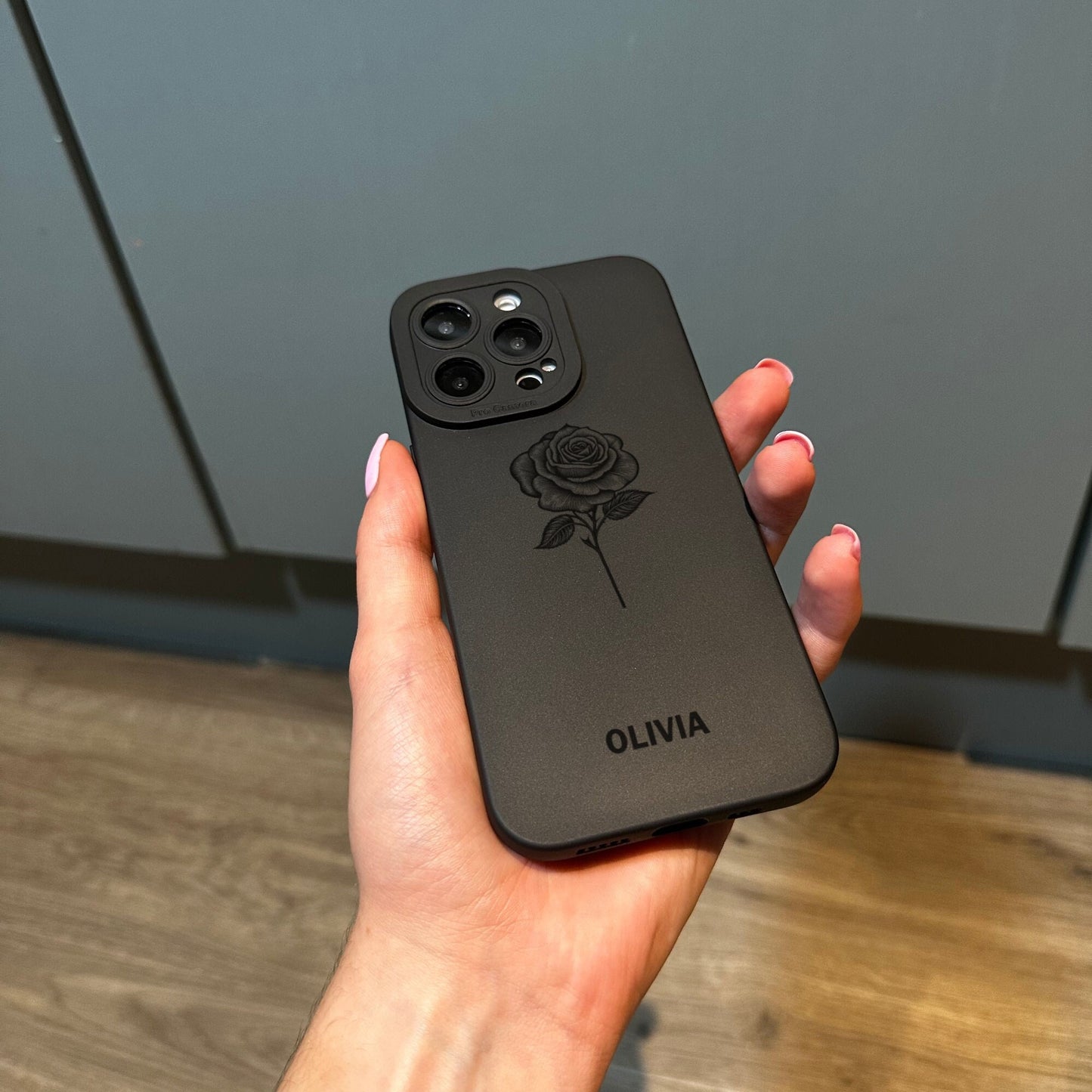 Personalised Name Black Phone Case with Rose for iPhone 17 16 15 14 13 12 11 11 Pro Max Mini 7 8 XR XS X Shockproof Phone Cover Custom Name