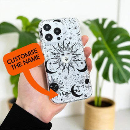Celestial Sun Moon Pattern Clear Phone Case for iPhone 17 16 15 14 13 12 11 11 Pro Max Mini 7 8 XR XS X Shockproof Silicone Phone Cover