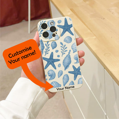 Blue Shell Starfish Beach Theme Beige Phone Case for iPhone 17 16 15 14 13 12 11 11 Pro Max Mini 7 8 XR X Shockproof Phone Cover Custom Name