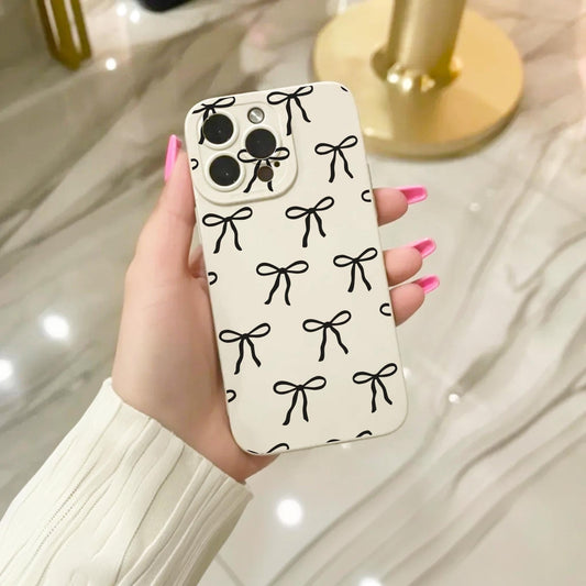Black Bow Pattern Beige Phone Case for iPhone 17 16 15 14 13 12 11 11 Pro Max Mini 7 8 XR XS X Shockproof Phone Cover with Personalised Name