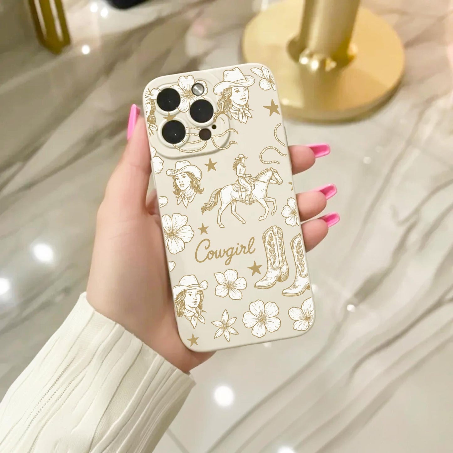 Cowgirl Western Floral Star Beige Phone Case for iPhone 17 16 15 14 13 12 11 11 Pro Max Mini 7 8 XR XS X Shockproof Phone Cover Custom Name