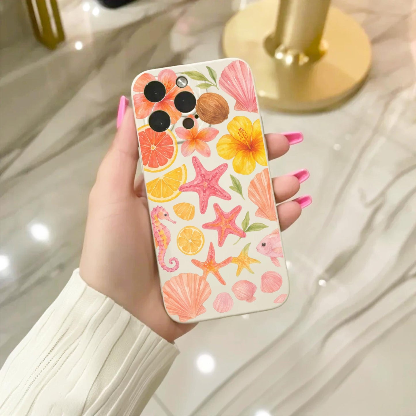 Hibiscus Flower Shell Seahorse Coconut Phone Case for iPhone 17 16 15 14 13 12 11 11 Pro Max Mini 7 8 XR XS X Shockproof Cover Custom Name