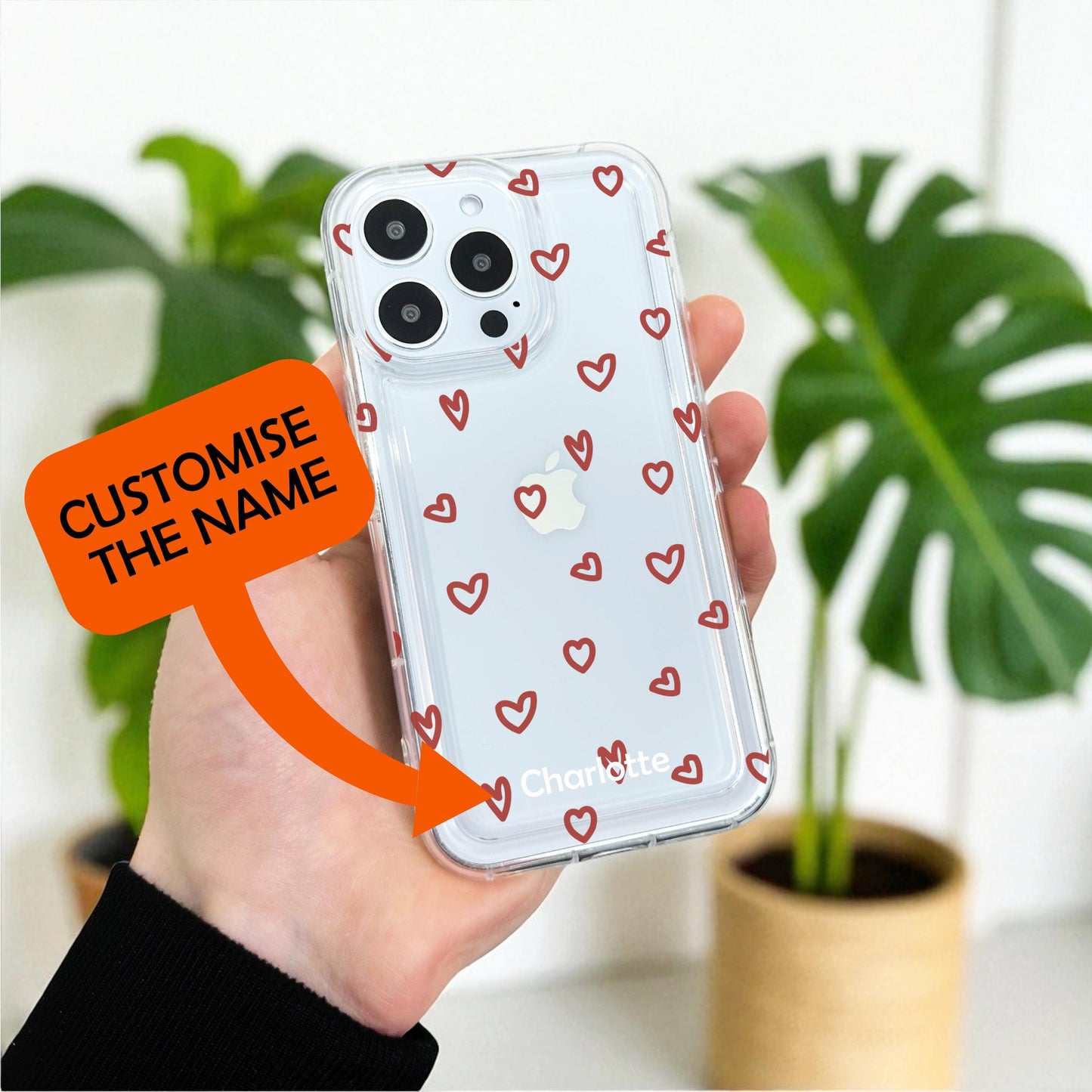 Heart Print Clear Phone Case for iPhone 17 16 15 14 13 12 11 11 Pro Max Mini 7 8 XR XS X Shockproof Slim Phone Cover with Customised Name