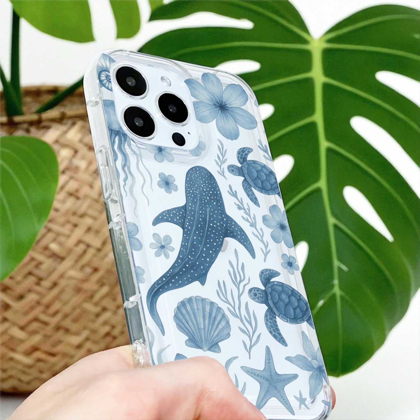 Blue Shark Turtle Shell Pattern Clear Phone Case for iPhone 17 16 15 14 13 12 11 11 Pro Max Mini 7 8 XR XS X Shockproof Cover