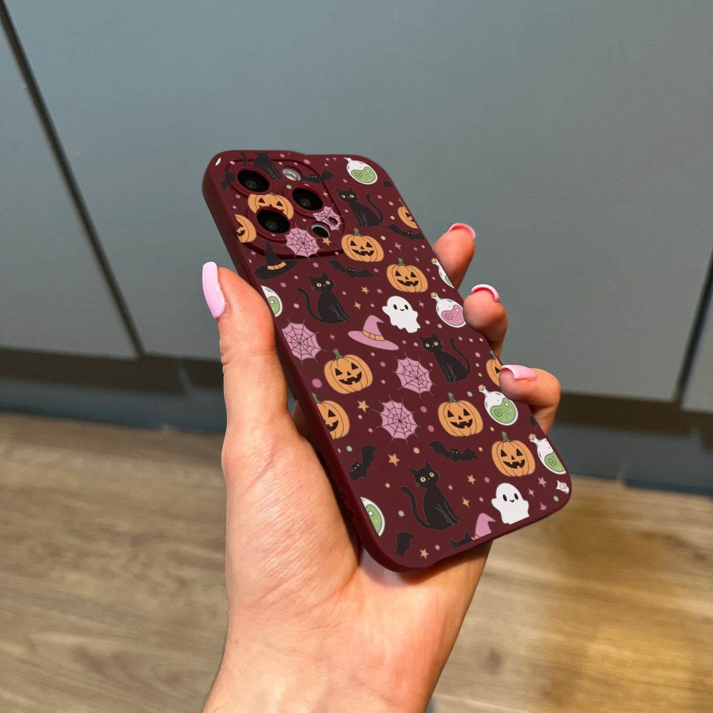 Halloween Ghost Pumpkin Burgundy Phone Case for iPhone 17 16 15 14 13 12 11 11 Pro Max Mini 7 8 XR XS X Shockproof Phone Cover Custom Name