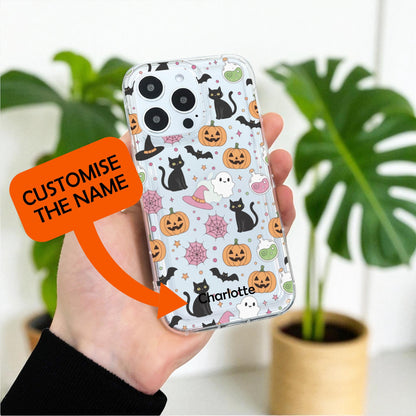 Halloween Pumpkin Ghost Cat Clear Phone Case for iPhone 17 16 15 14 13 12 11 11 Pro Max Mini 7 8 XR Shockproof Slim Phone Cover Custom Name