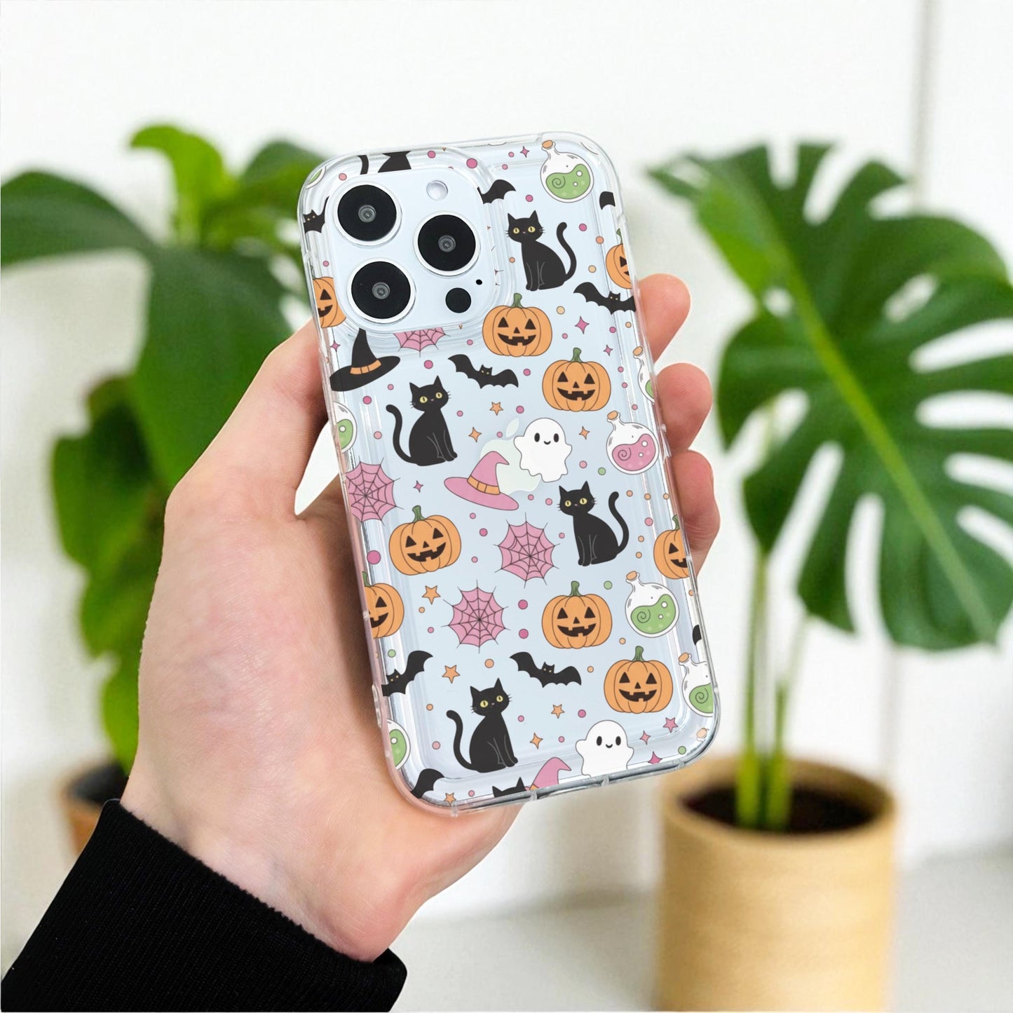 Halloween Pumpkin Ghost Cat Clear Phone Case for iPhone 17 16 15 14 13 12 11 11 Pro Max Mini 7 8 XR Shockproof Slim Phone Cover Custom Name