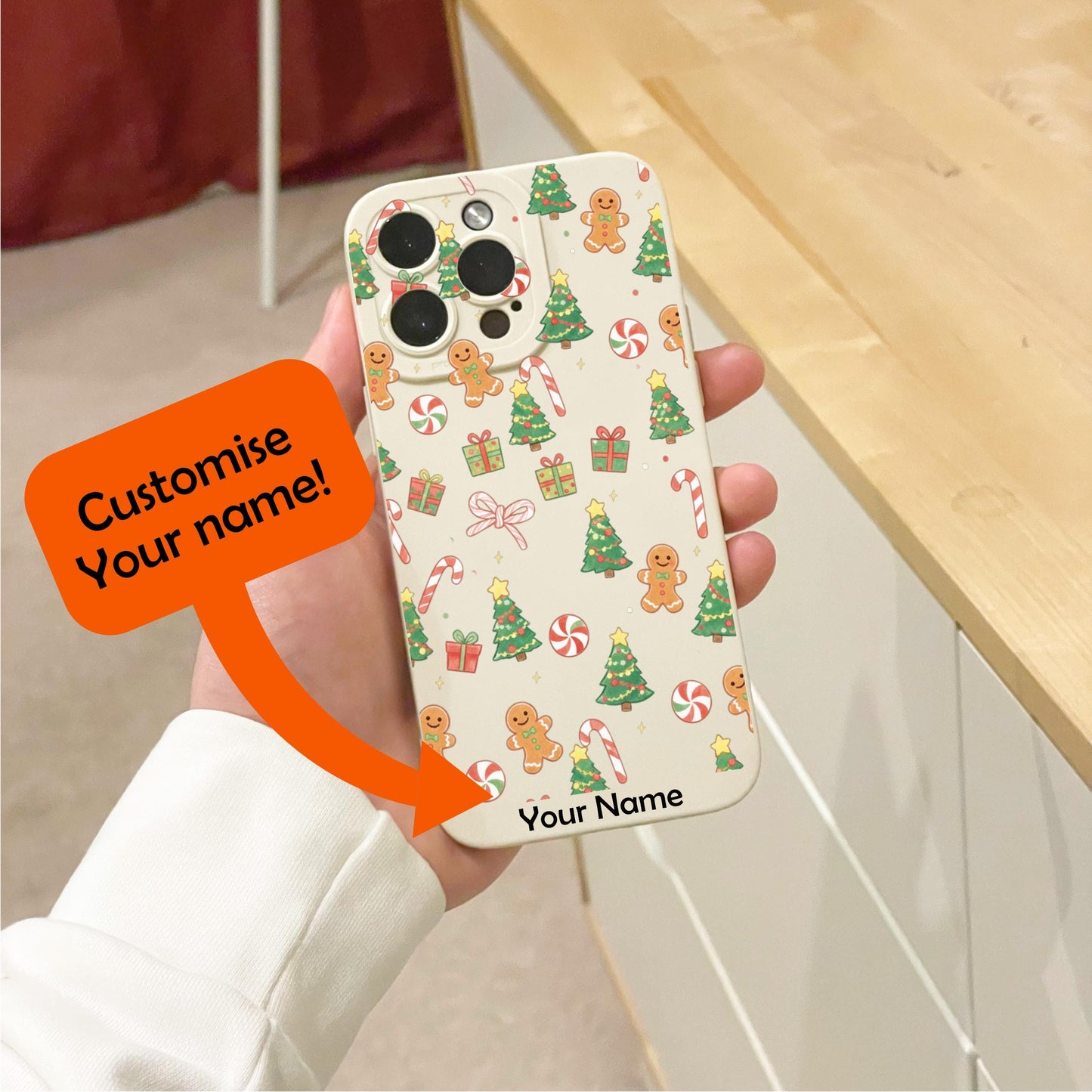 Christmas Tree Gingerbread Cane Bow Beige Phone Case for iPhone 17 16 15 14 13 12 11 11 Pro Max Mini 7 XR Shockproof Phone Cover Custom Name