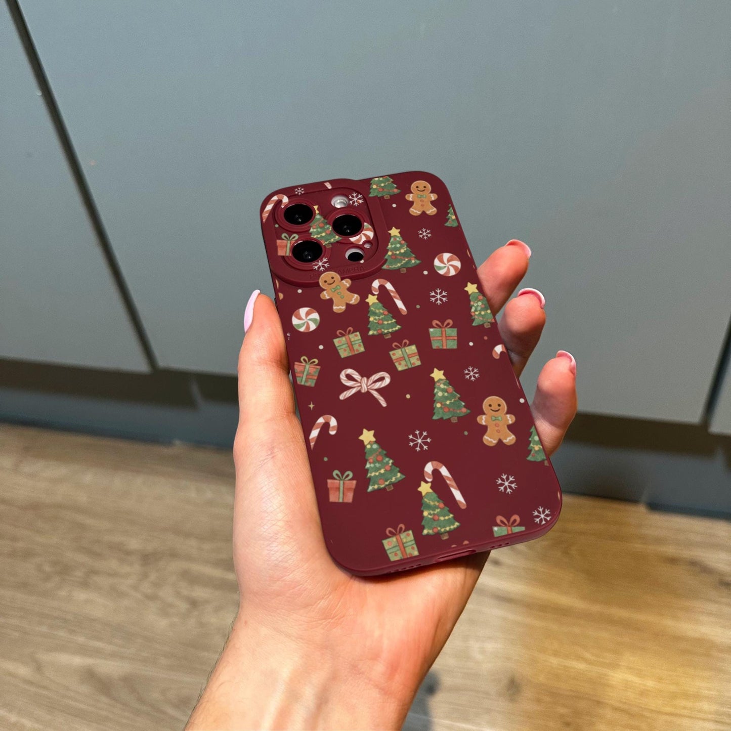 Burgundy Christmas Tree Snowflake Gingerbread Phone Case for iPhone 17 16 15 14 13 12 11 11 Pro Max XR Shockproof Phone Cover Custom Name