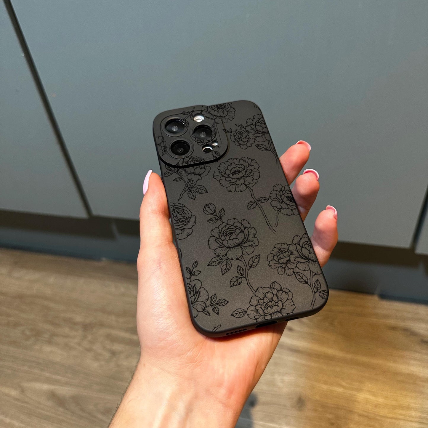 Floral Roses Line Art Black Phone Case for iPhone 17 16 15 14 13 12 11 11 Pro Max Mini 7 8 XR XS X Shockproof Phone Cover with Custom Name