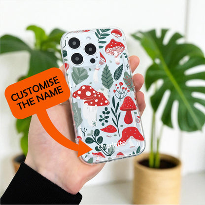 Red Mushroom Clear Phone Case for iPhone 17 16 15 14 13 12 11 11 Pro Max Mini 7 8 XR XS X Shockproof Silicone Phone Cover Custom Name