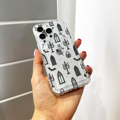 Gothic Halloween Card Holder Phone Case for iPhone 17 16 15 14 13 12 11 11 Pro Max Mini 7 8 XR X Wallet Shockproof Phone Cover Custom Name