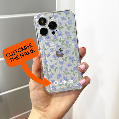 Blue Lilac Floral Card Holder Phone Case for iPhone 17 16 15 14 13 12 11 11 Pro Max Mini 7 8 XR X Wallet Shockproof Phone Cover Custom Name