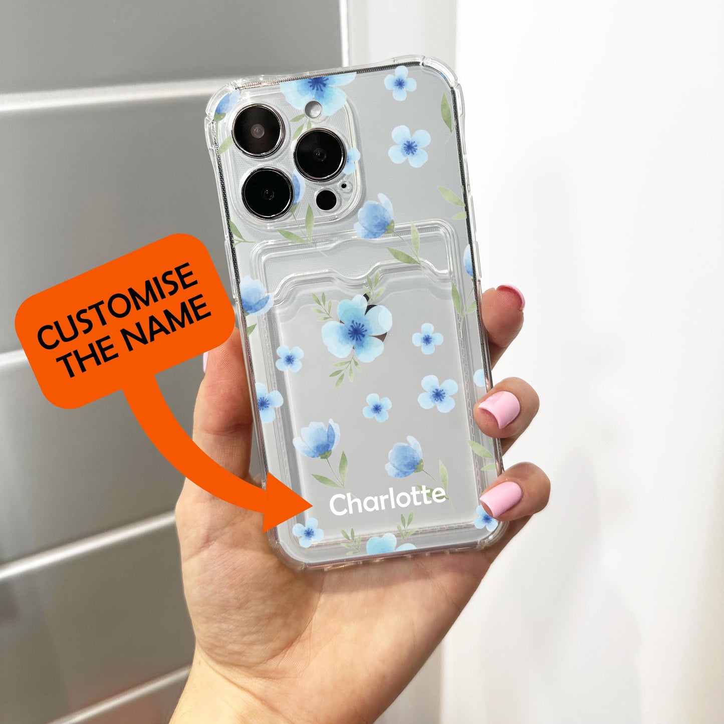 Blue Watercolour Floral Clear Phone Case for iPhone 17 16 15 14 13 12 11 11 Pro Max Mini 7 8 XR Shockproof Slim Phone Cover with Custom Name