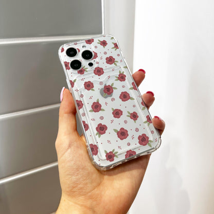 Burgundy Floral Rose Card Holder Phone Case for iPhone 17 16 15 14 13 12 11 11 Pro Max Mini 7 8 XR XS X Wallet Shockproof Phone Cover Custom
