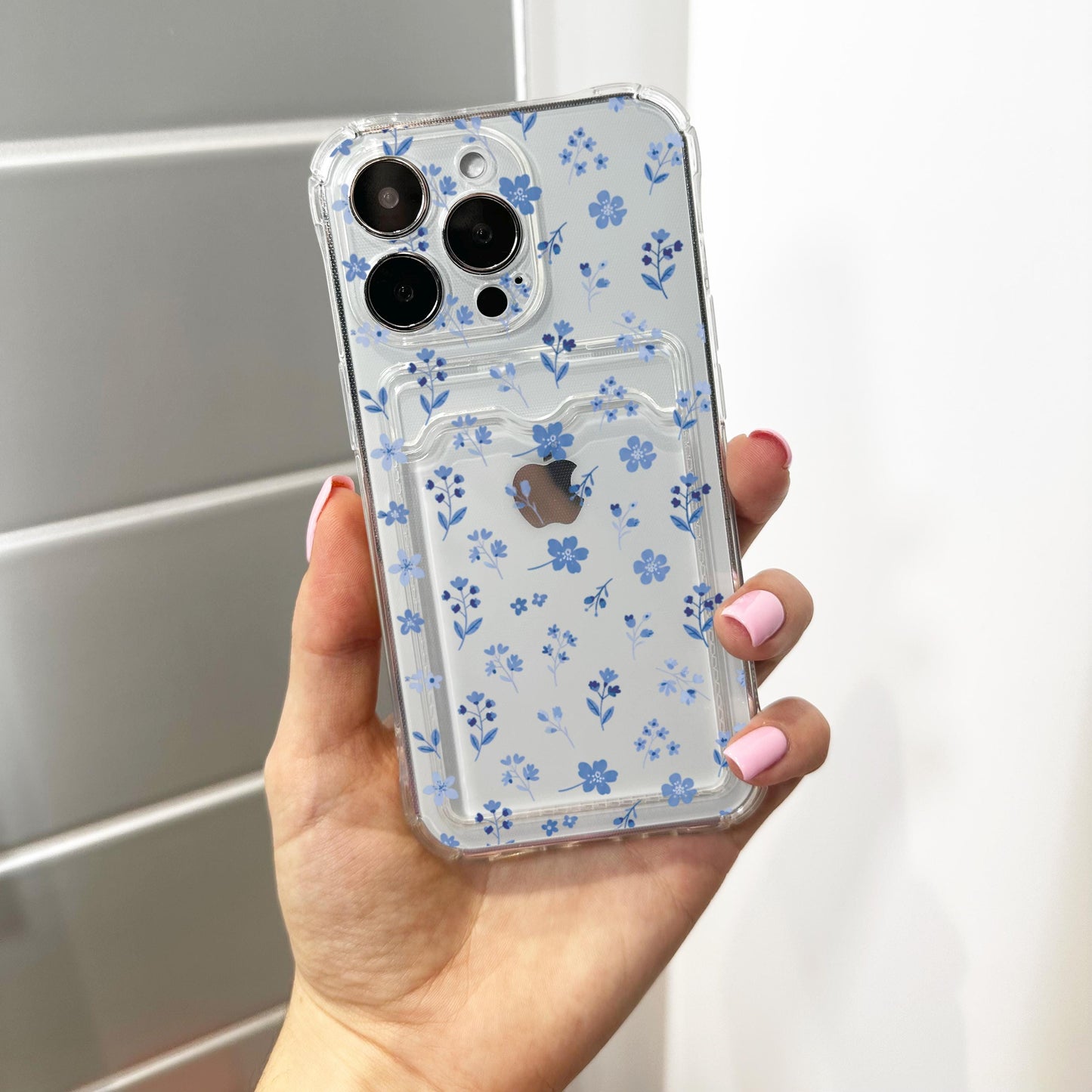 Tiny Blue Floral Card Holder Phone Case for iPhone 17 16 15 14 13 12 11 11 Pro Max Mini 7 8 XR X Wallet Shockproof Phone Cover Custom Name