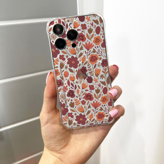Burgundy Orange Floral Card Holder Phone Case for iPhone 17 16 15 14 13 12 11 11 Pro Max Mini 7 8 XR X Wallet Shockproof Phone Cover Custom