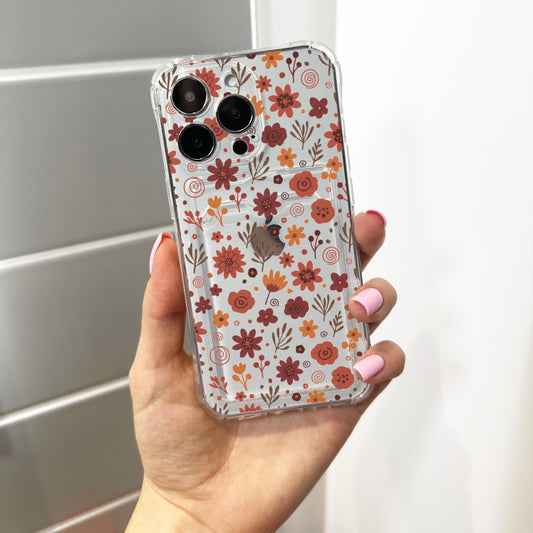 Earthy Warm Floral Card Holder Phone Case for iPhone 17 16 15 14 13 12 11 11 Pro Max Mini 7 8 XR XS X Wallet Shockproof Phone Cover
