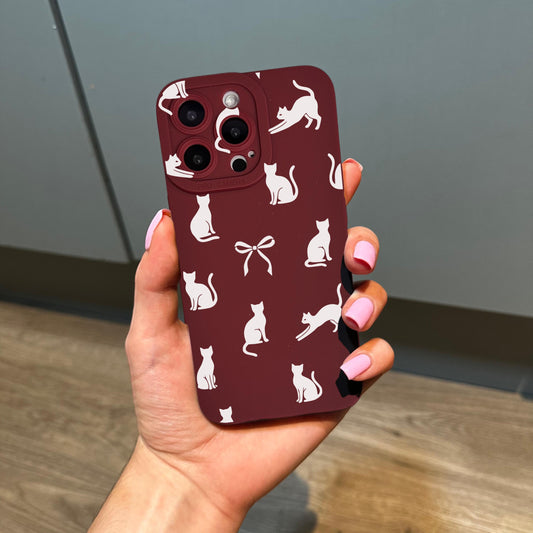 White Cat bow Burgundy Red Phone Case for iPhone 17 16 15 14 13 12 11 11 Pro Max Mini 7 8 SE XR XS X Shockproof Phone Cover