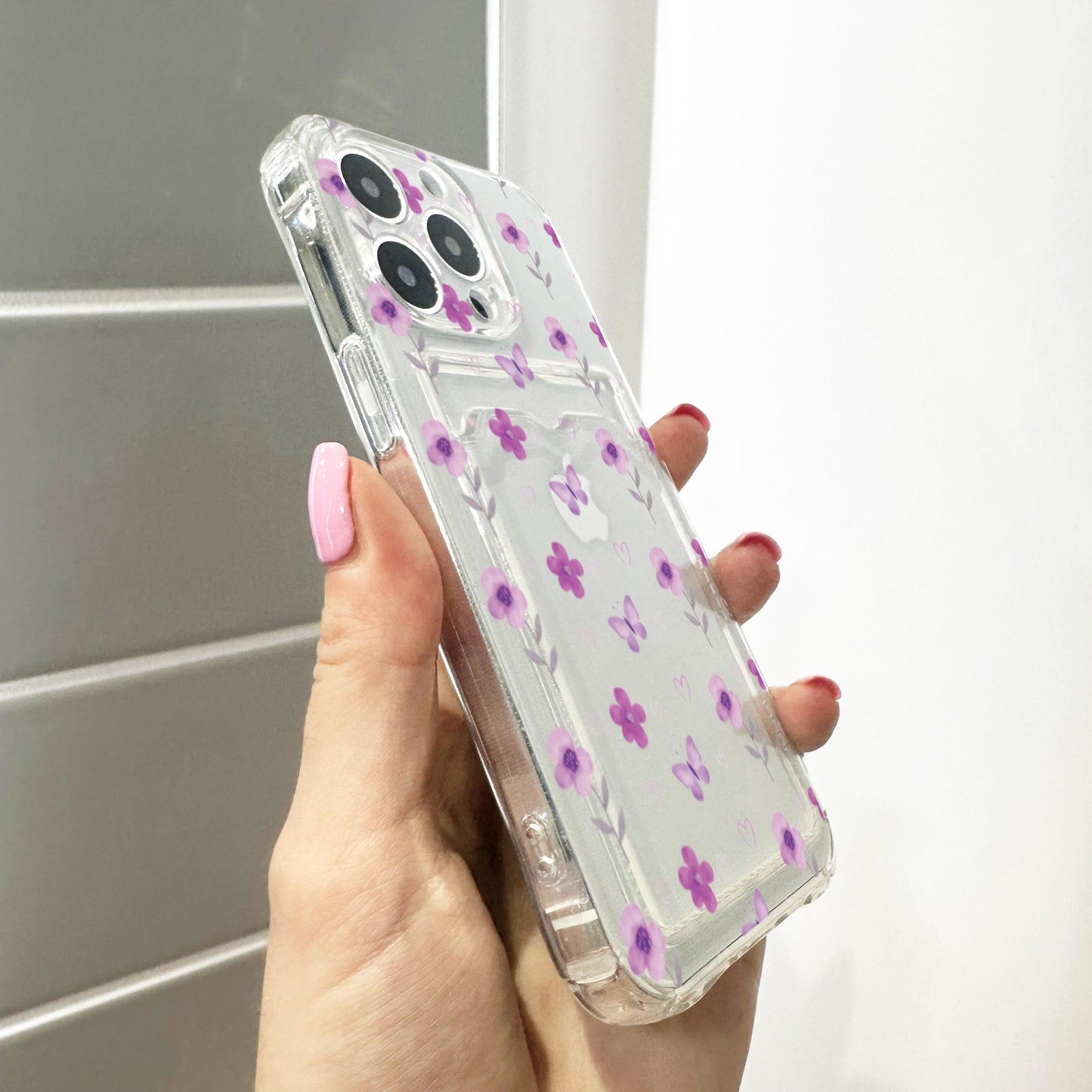 Purple Butterfly Flower Card Holder Phone Case for iPhone 17 16 15 14 13 12 11 11 Pro Max Mini 7 8 XR XS X Wallet Shockproof Phone Cover