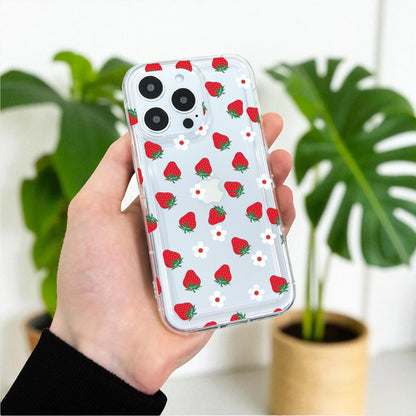 Strawberry Pattern Clear Phone Case for iPhone 17 16 15 14 13 12 11 11 Pro Max Mini 7 8 XR XS X Shockproof Silicone Phone Cover Custom Name