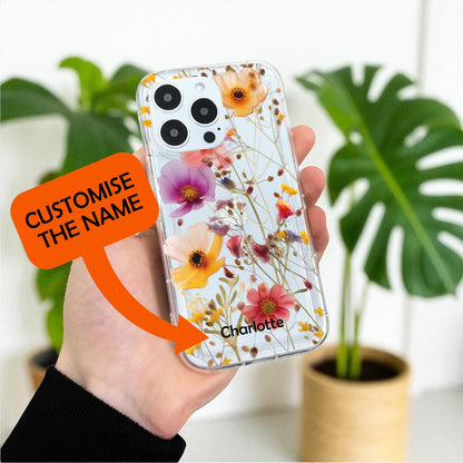 Pressed Flower Print Clear Phone Case for iPhone 17 16 15 14 13 12 11 11 Pro Max Mini 7 8 XR X Shockproof Silicone Phone Cover Custom Name