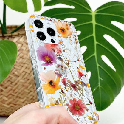 Pressed Flower Print Clear Phone Case for iPhone 17 16 15 14 13 12 11 11 Pro Max Mini 7 8 XR X Shockproof Silicone Phone Cover Custom Name